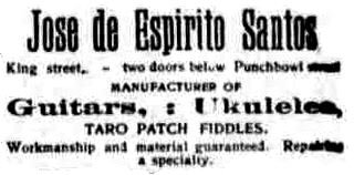 19th-century newspaper ad: Jose de Espirito Santos, manufacturer of guitars and ukuleles