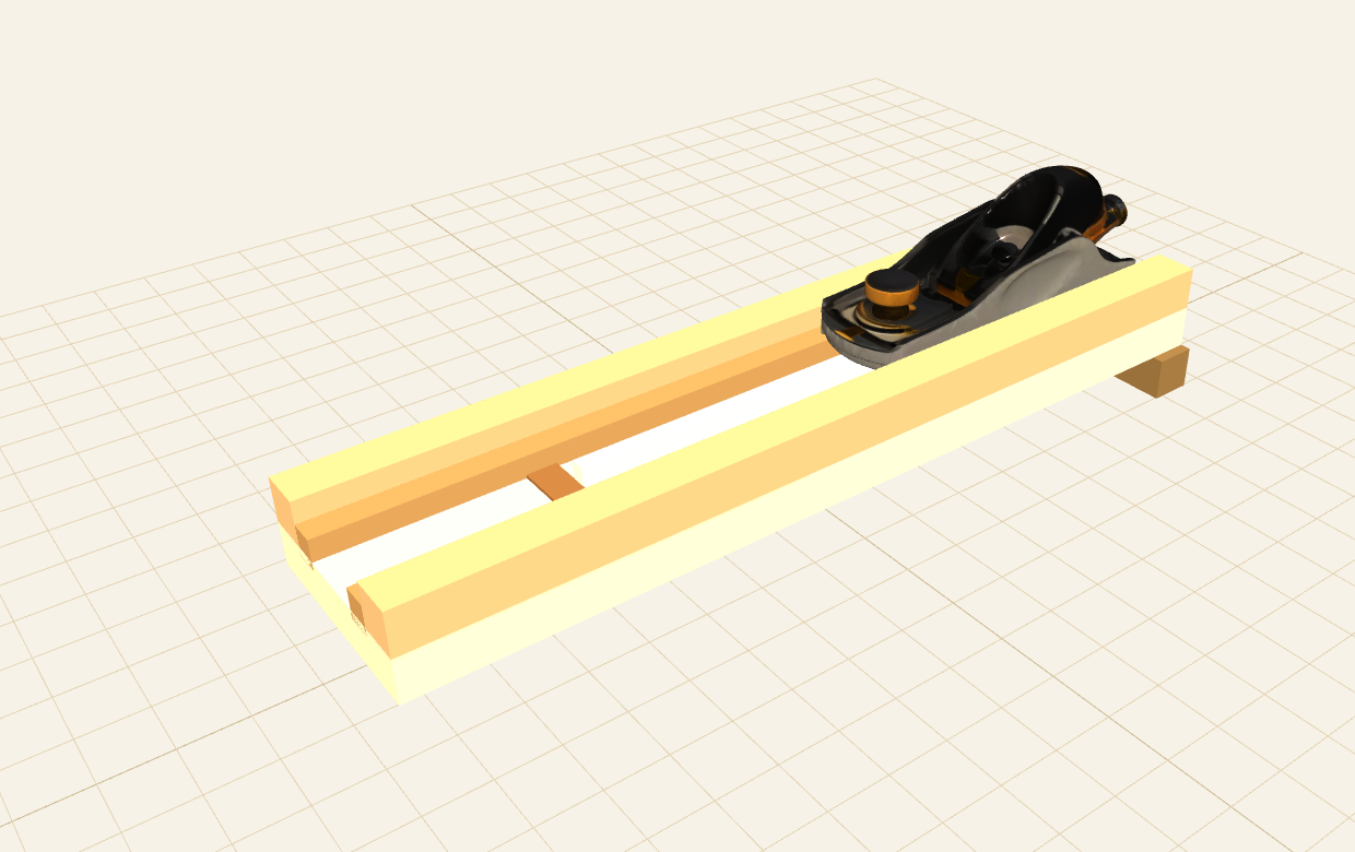 Isometric view of the brace-planing jig with the block plane riding on the rails